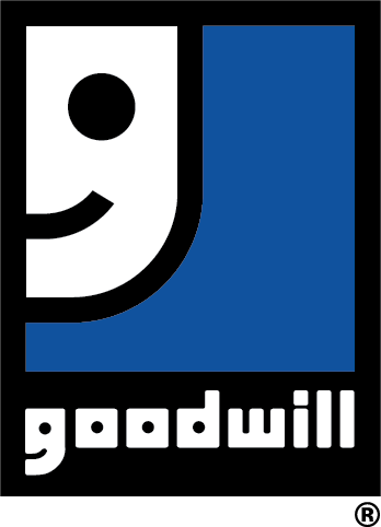 Goodwill logo featuring a stylized smiling face on a blue background and the word "goodwill" below it.